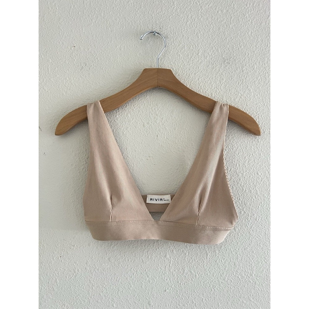 RIVIR Sand Ribbed Minimalist Bralette Size S Nude V-Neck Unpadded Lounge Quiet